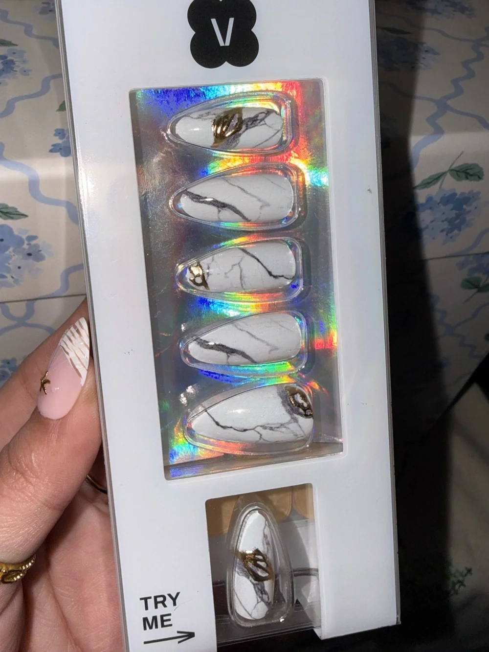 Never Have I Ever White Marble Press-On Nails with Gold Accent